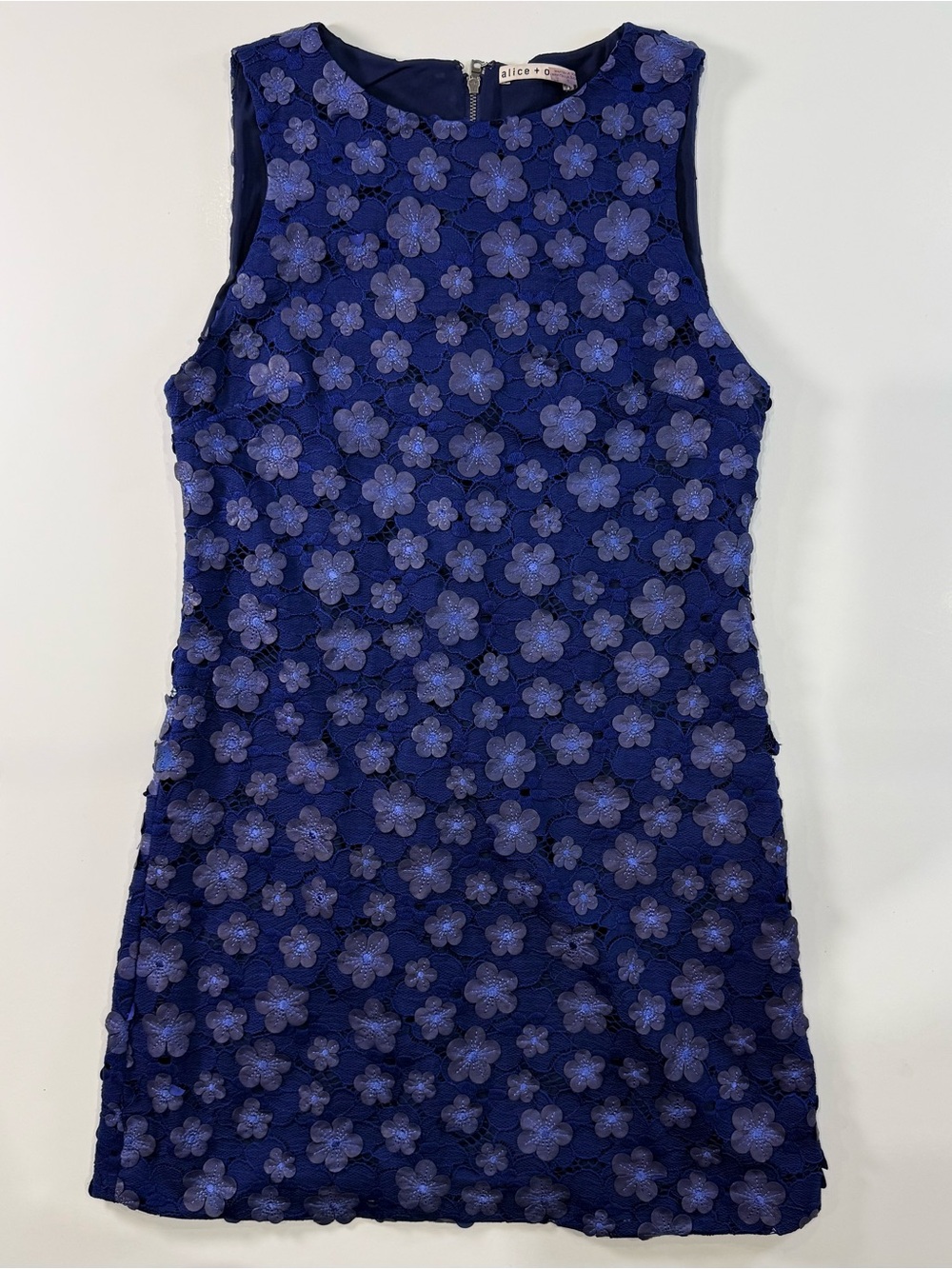 Alice + Olivia Clyde 3D Floral Appliqué Shift Mini Dress Navy Blue
